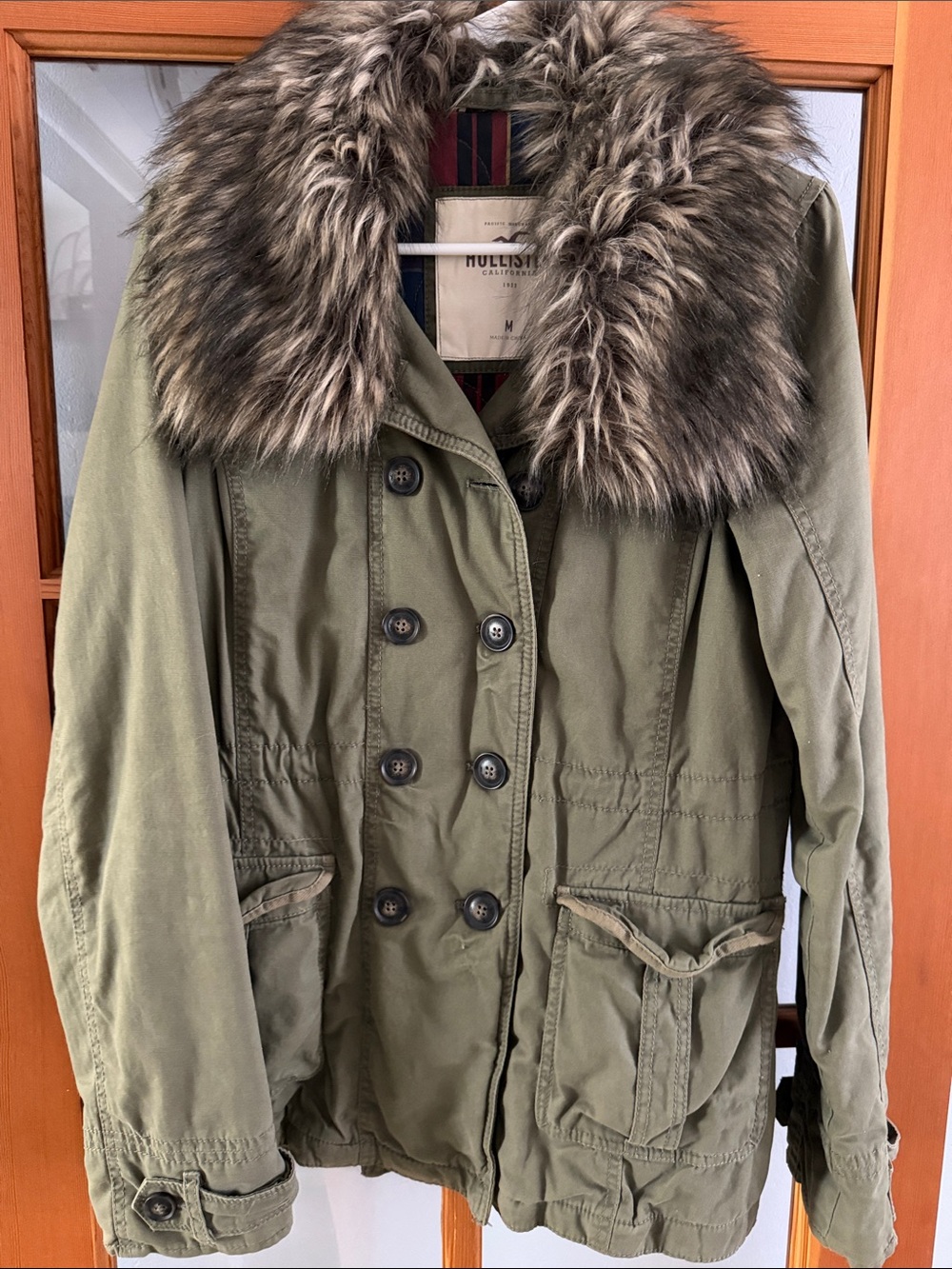 Hollister Olive Green Military-Style Jacket with Faux Fur Trim